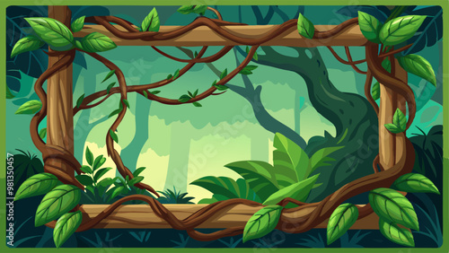 Frames and borders made of liana twisted and tangled branch with green leaves. Cartoon vector rain forest tree stem in rectangular and circular shape. Jungle climbing plant vine for game ui design.