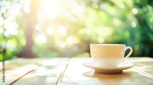 Decorative Cup of Tea on a Wooden Table, Clean Bright Background Outside