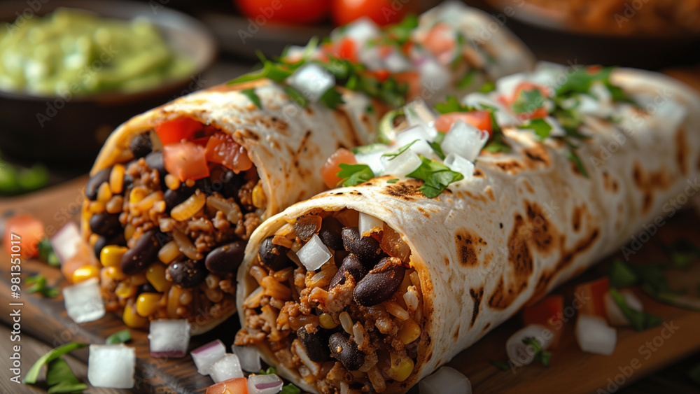 Two burritos filled with beef, black beans, corn, and rice, garnished with fresh salsa, onions, and cilantro, making for a vibrant and flavorful meal. Two burritos filled with beef, black beans, corn, and rice, garnished with fresh salsa, onions, and cilantro, making for a vibrant and flavorful meal.