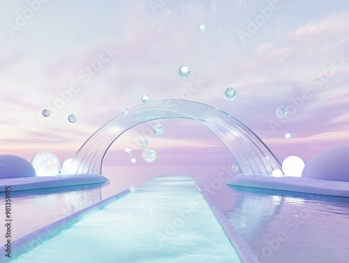 A serene scene featuring an ethereal archway over tranquil waters, with floating orbs under a pastel sky promoting a dreamy, otherworldly atmosphere.