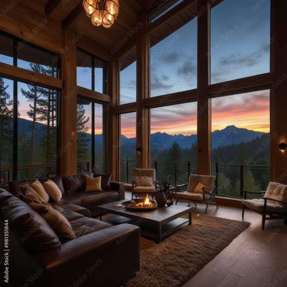 A luxurious mountain retreat with large windows, warm interior lights glowing at dusk. A luxurious mountain retreat with large windows, warm interior lights glowing at dusk.