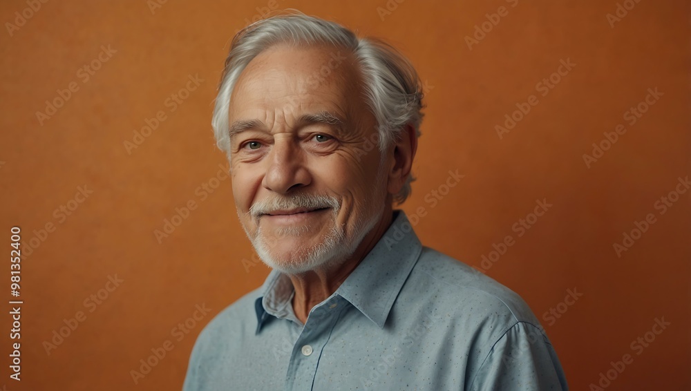 Elderly man with a peaceful smile against an orange background. Elderly man with a peaceful smile against an orange background.