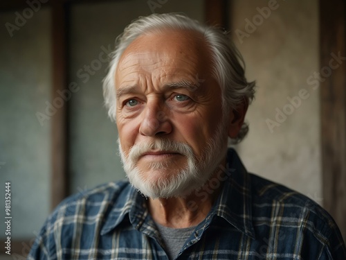 Elderly man with a white beard and plaid shirt reflecting calmly on life.