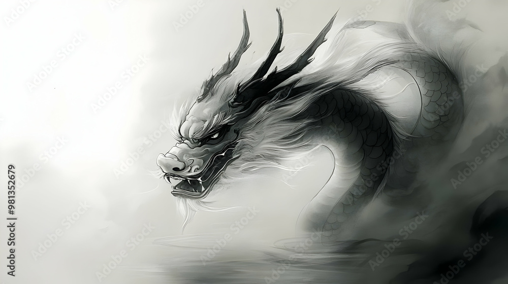 Powerful Dragon Illustration in Black and White Powerful Dragon Illustration in Black and White