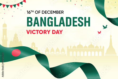 Bangladesh Flag Waving On Skyline Background. Victory Day Concept Design Vector Illustration.