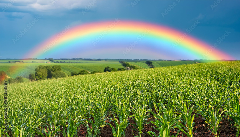 crops grow on fertile farm land panoramic before harvest with rainbow in the background, agricultural landscape crops grow on fertile farm land panoramic before harvest with rainbow in the background, agricultural landscape