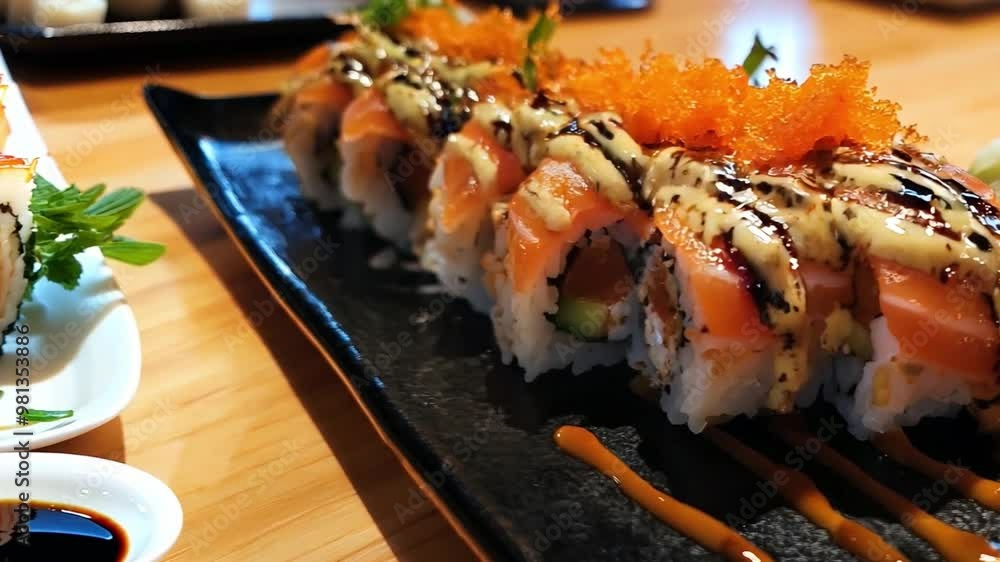 This Sushi rolls are artistically presented with colorful toppings and sauces, showcasing culinary skill. This Sushi rolls are artistically presented with colorful toppings and sauces, showcasing culinary skill.
