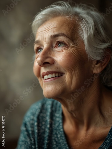 Elderly woman smiling softly and looking upward, reflecting hope on International Older Persons Day.