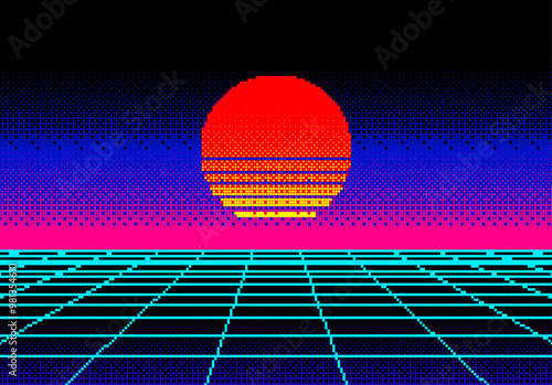 Landscape with pixel sun and wireframe grid of 80s styled retro computer game. Sci-fi background in synthwave style