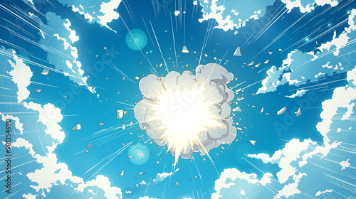 A blue sky background with white clouds, a huge explosion in the center filled with an anime-style cartoon cloud. The comic book style features a simple and colorful drawing style photo