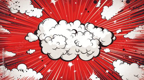 A comic book style illustration of an explosion with white clouds on a red background in the style of a halftone pattern