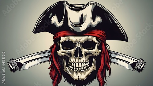 A detailed vector illustration of a pirate skull wearing a tricorn hat with crossed swords behind it photo