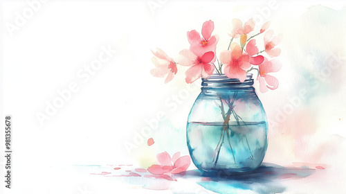 A beautiful watercolor illustration featuring a vase with blooming pink flowers, perfect for home decor or nature-themed projects. photo