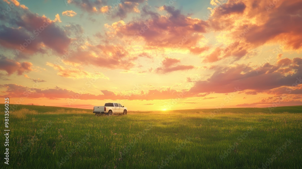 Obraz premium Sunset Pickup Truck in Field