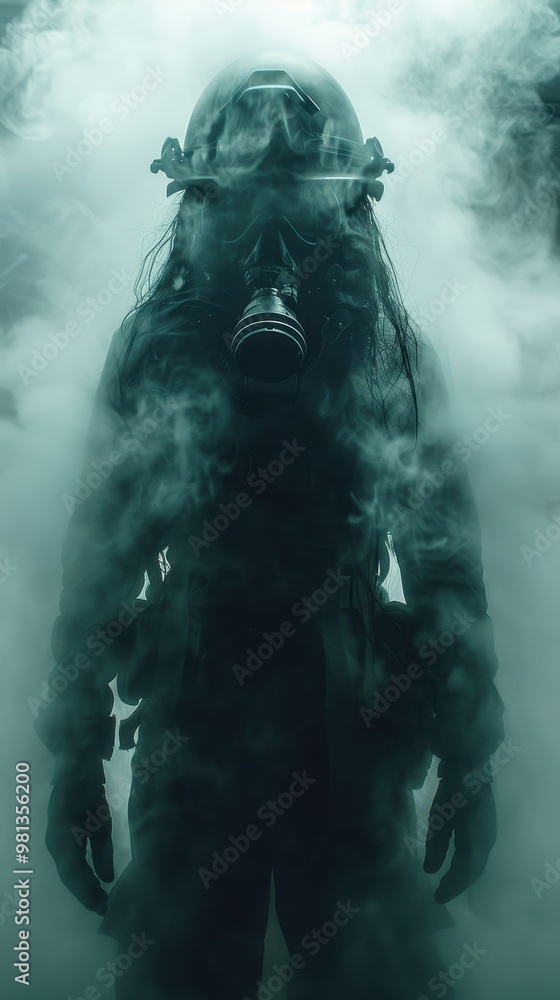 Fototapeta premium the man in the smoke mask, standing in the smoke, dark, design scene
