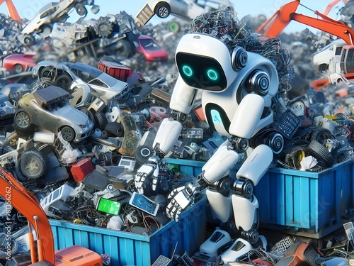 Abstract image of robot in garbage pile, recycling, e-waste, computer industry, automotive industry.