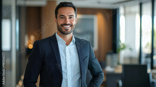 Businessman is smiling with his hands in his pockets in a modern office building