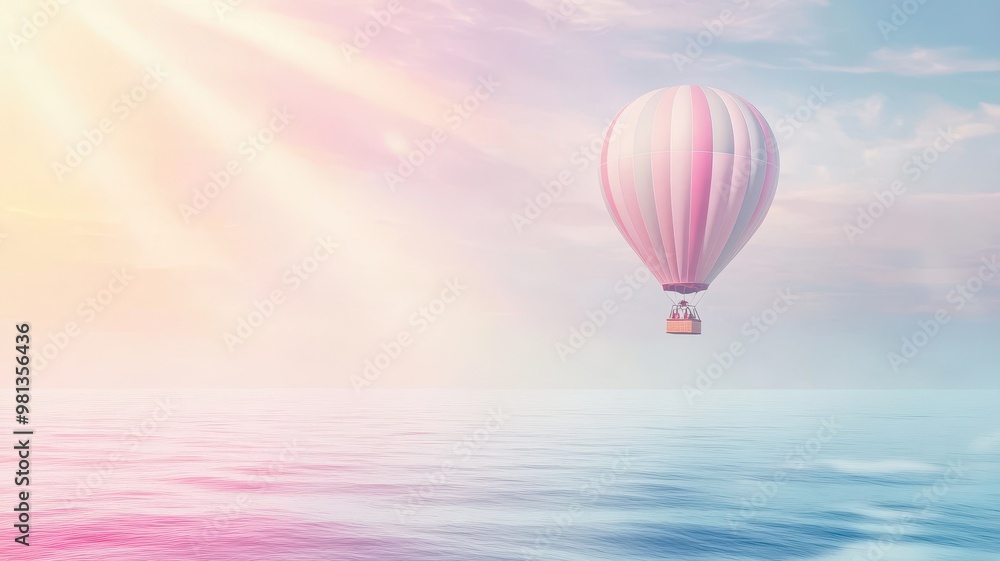 Obraz premium A serene scene featuring a pastel-colored hot air balloon floating above calm waters under a bright sky.