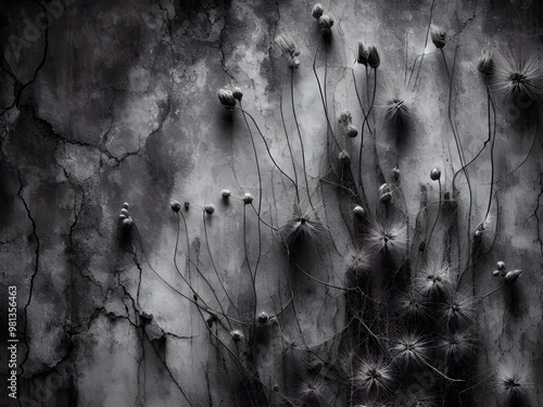 Black and white background, Image of a cracked wall with grass, , Abstract image of a collapsed wall and grass.