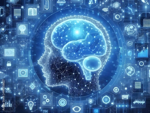 Digital artificial intelligence icon hologram on black background 3D rendering.