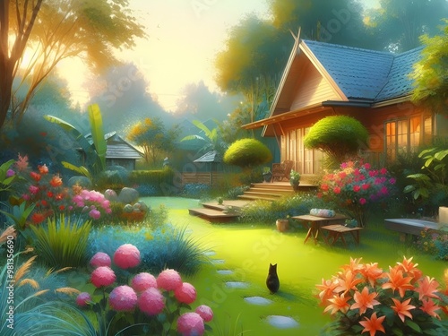 Home and Garden in the Morning, Flowers Blooming, Little Cat in the Garden, Golden Light of Imagination, Abstract Watercolor Painting.