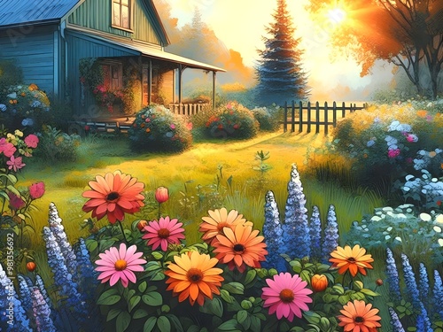 Home and Garden in the Morning, Multicolored Flowers Blooming, Golden Rays of Imagination, Abstract Watercolor Painting.
