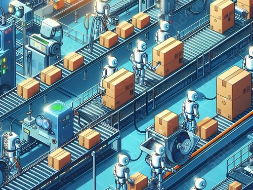 Industry concept innovative contemporary smart industry product design, automated production line, delivery and distribution with people, robots and machinery,