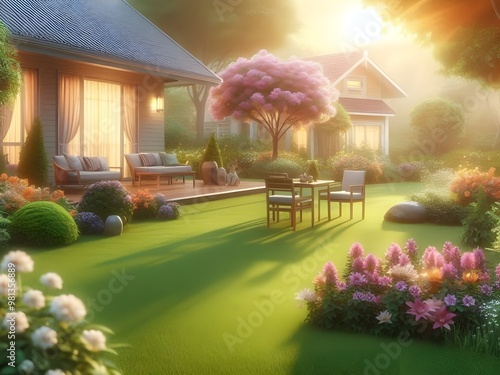 Morning Home and Garden, Golden Light of Imagination, Abstract Watercolor Painting.