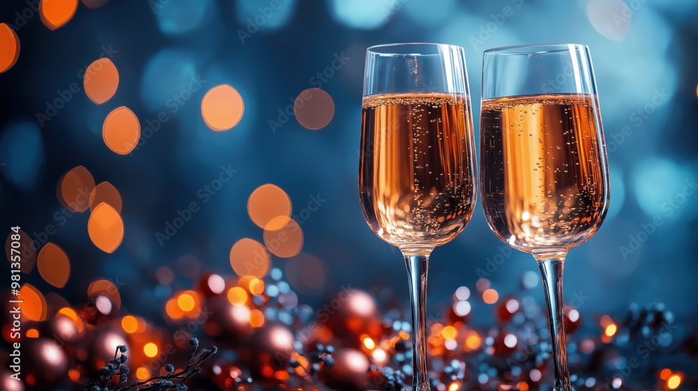 Two elegant champagne glasses filled with sparkling wine, surrounded by bright festive light Two elegant champagne glasses filled with sparkling wine, surrounded by bright festive light