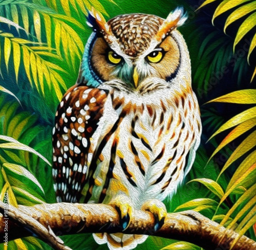 Owl . Oil painting. Logo design for use in graphics. Print on a T-shirt, design for printing on wall decorations. Artistic brush strokes photo