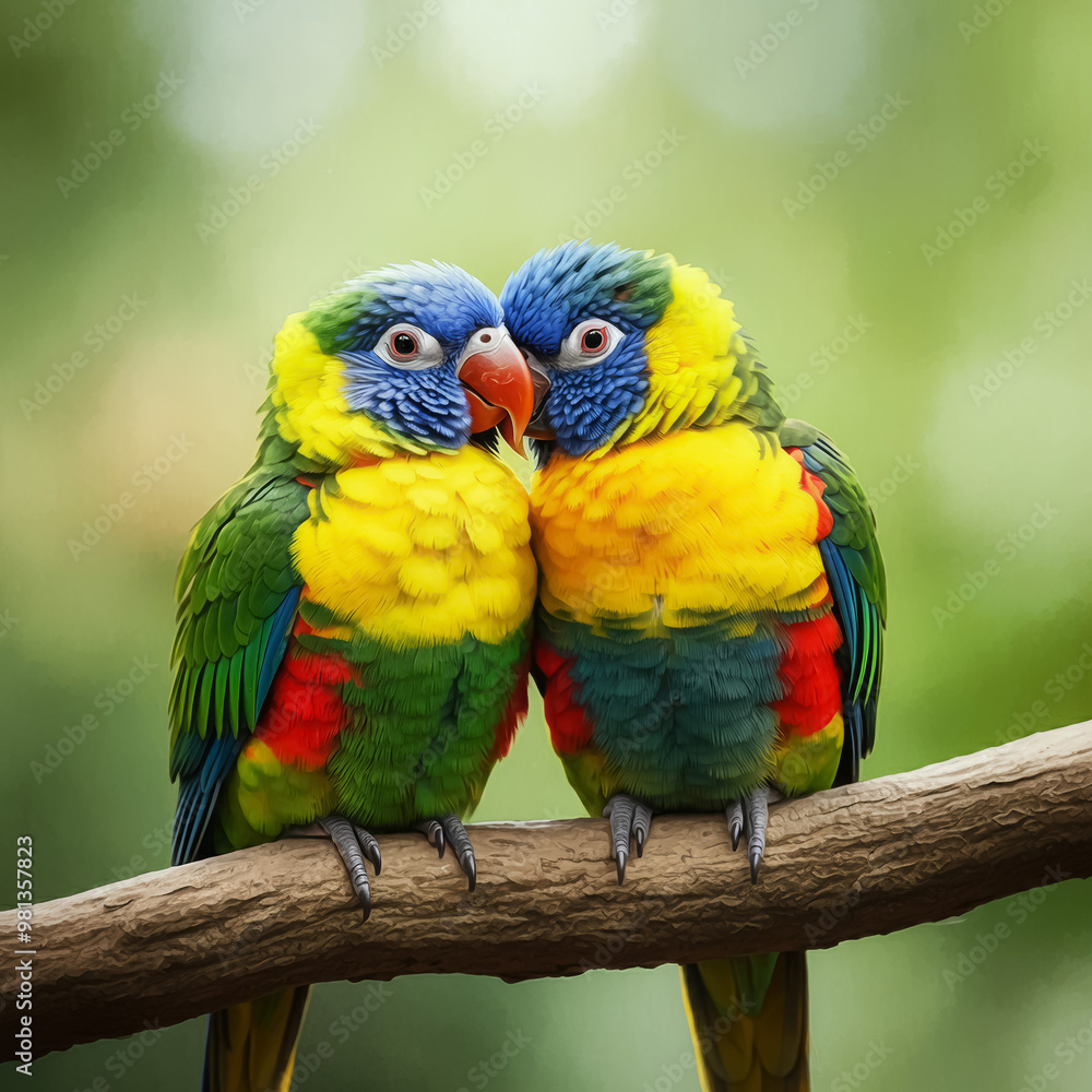 loving couple of cute parrots on a tree branch in watercolor illustration style loving couple of cute parrots on a tree branch in watercolor illustration style