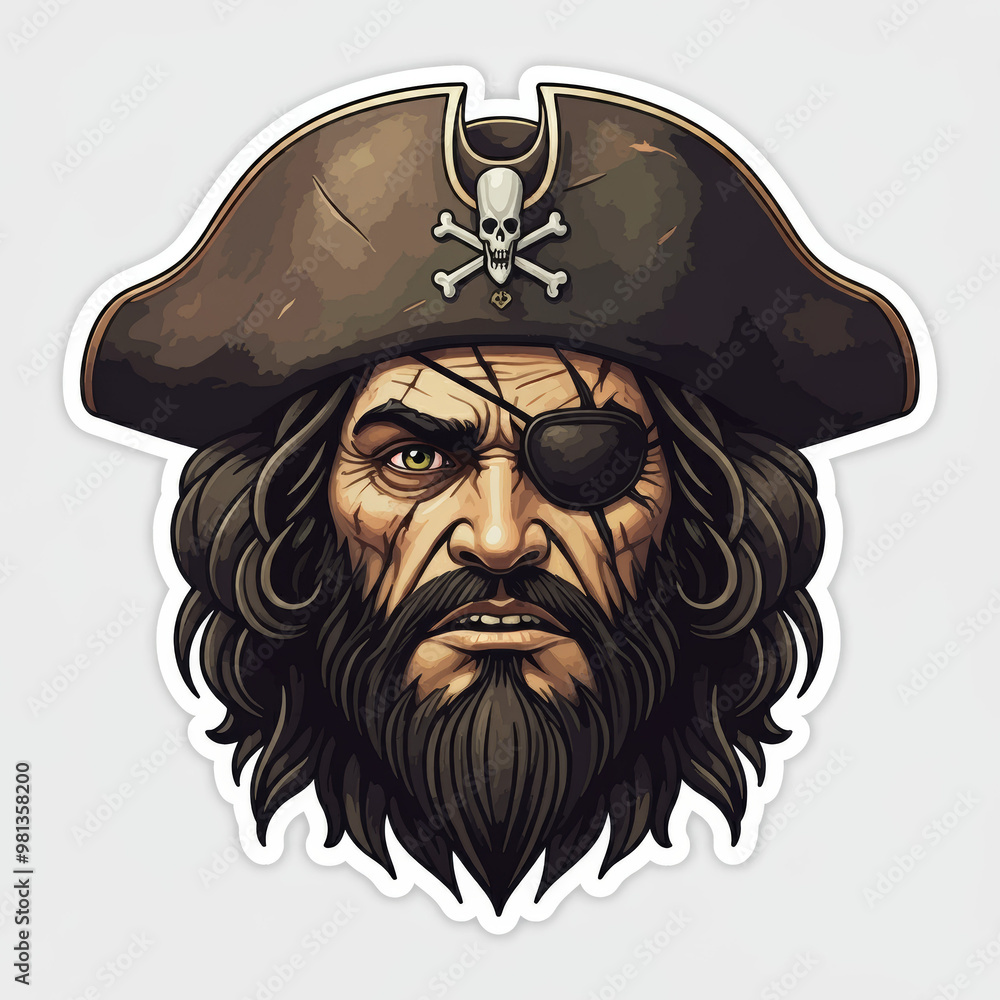 Sticker head dangerous pirate with an eye patch isolated on white background Sticker head dangerous pirate with an eye patch isolated on white background