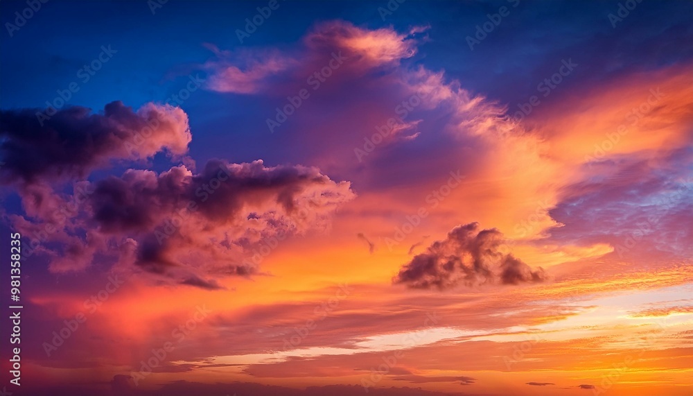 Fototapeta premium Fond d'écran d'un ciel crépusculaire éclatant avec des teintes vives de rouge et d'orange, parsemé de nuages doux.