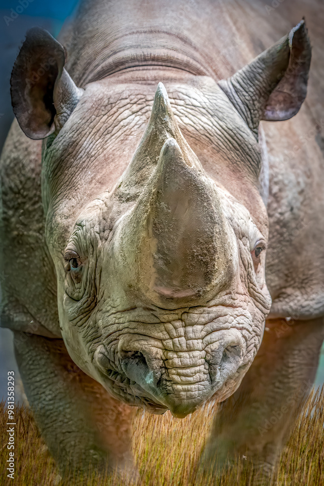 Fototapeta premium Eastern Black Rhinoceros Facing Forward in Savannah Grassland Intense Direct Stare