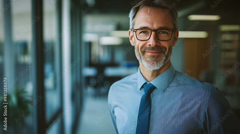 Mature businessman with a salt and pepper beard smiling in a modern office building Mature businessman with a salt and pepper beard smiling in a modern office building