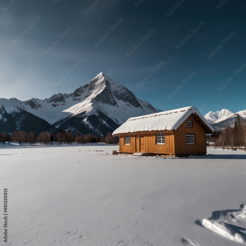 A small, quaint cabin with a thatched roof, set against a backdrop of towering, snow-capped mountains. A small, quaint cabin with a thatched roof, set against a backdrop of towering, snow-capped mountains.