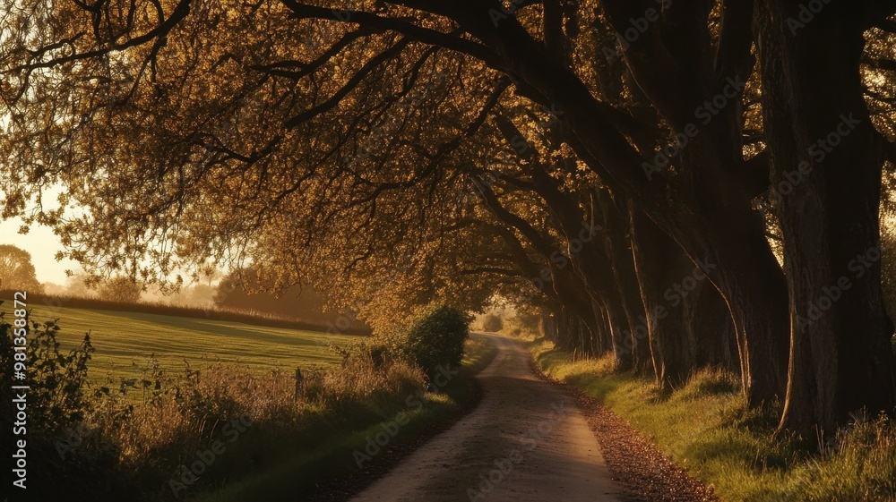 A serene country road lined with trees, bathed in warm golden light during sunset, surrounded by lush fields and a tranquil atmosphere. A serene country road lined with trees, bathed in warm golden light during sunset, surrounded by lush fields and a tranquil atmosphere.