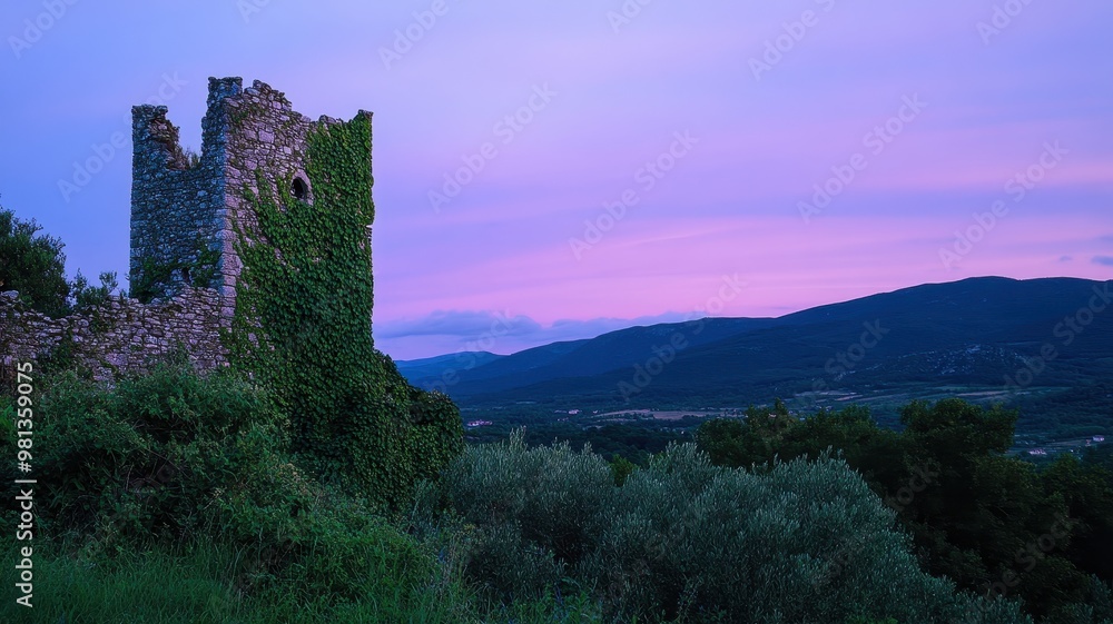 A twilight view of an ancient stone tower enveloped in greenery, set against a backdrop of rolling hills and a colorful sky. A twilight view of an ancient stone tower enveloped in greenery, set against a backdrop of rolling hills and a colorful sky.
