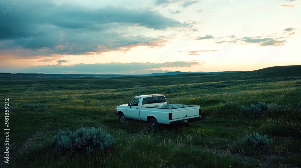 Fototapeta premium White Pickup Truck in a Vast Field at Sunset