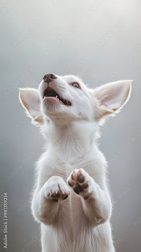 Happy white puppy looking up with playful Happy white puppy looking up with playful