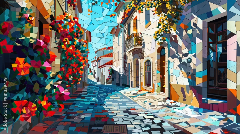 Naklejka premium Cubist interpretation of a street with geometric shapes and dynamic morning light