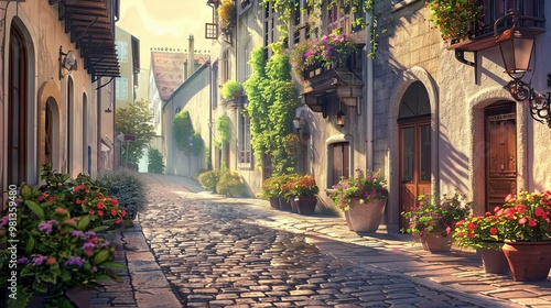 Fototapeta Naklejka Na Ścianę i Meble -  Renaissance street scene with cobblestones historic buildings and morning sunlight