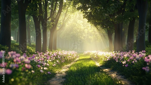 A serene forest path with vibrant flowers, illuminated by soft light filtering through the trees, creating a tranquil and enchanting atmosphere.