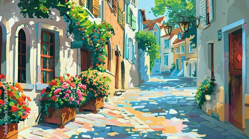 Fototapeta Naklejka Na Ścianę i Meble -  Bold geometric street scene with vibrant flowers and strong contrasting colors