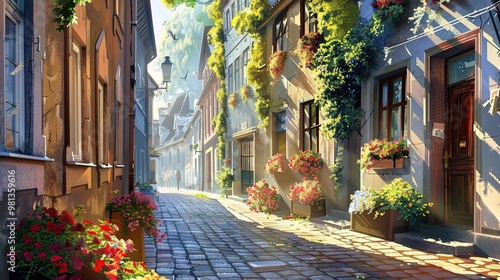 Fototapeta Naklejka Na Ścianę i Meble -  Constructivist design of a street with bold shapes vibrant colors and sunlight