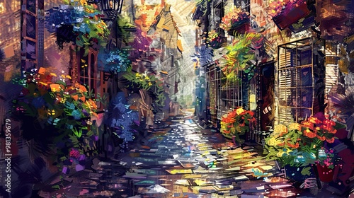 A dynamic street scene with intense colors expressive strokes and vibrant sunlight