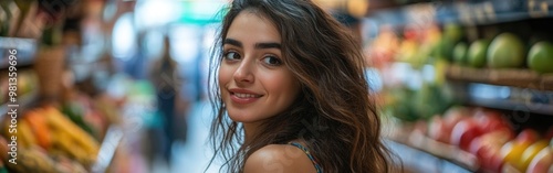 Wallpaper Mural A joyful woman selects fresh fruits and vegetables while shopping for groceries Torontodigital.ca