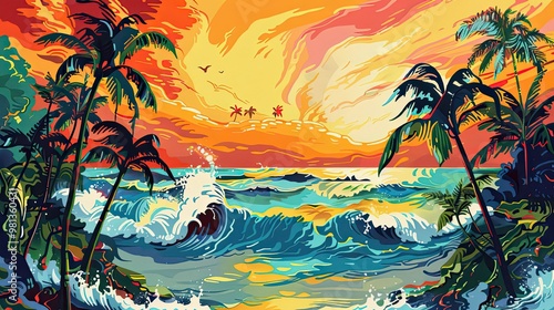 Stylized beach scene with exaggerated palm trees and waves under a mannered sunset sky photo