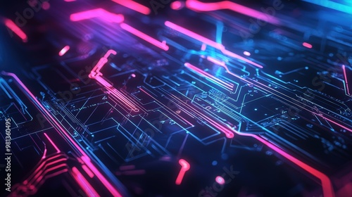 Futuristic Abstract Background with Neon Lines and Circuits on Dark Blue Backdrop for High Tech Design