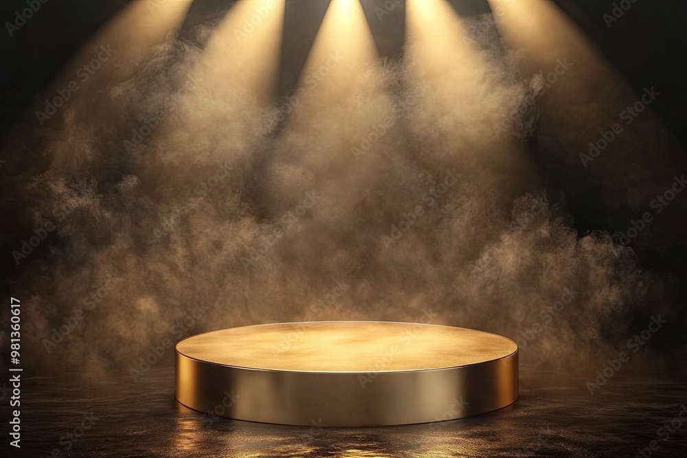 Gold podium on dark background with smoke. Empty pedestal for award ceremony. Platform illuminated by spotlights. generative ai Gold podium on dark background with smoke. Empty pedestal for award ceremony. Platform illuminated by spotlights. generative ai